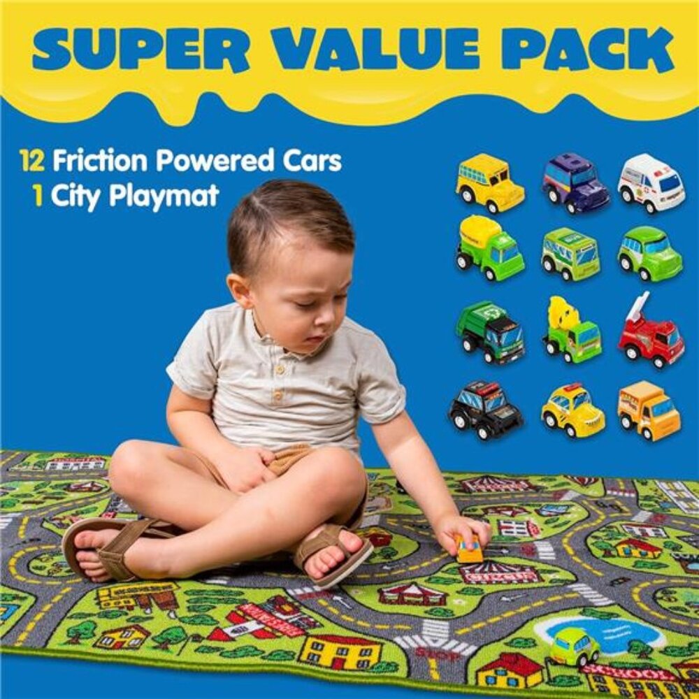 Kids Play Rugs12 Pull-Back Vehicle Set Durable Carpet Playmat Rug - Picture 4 of 8